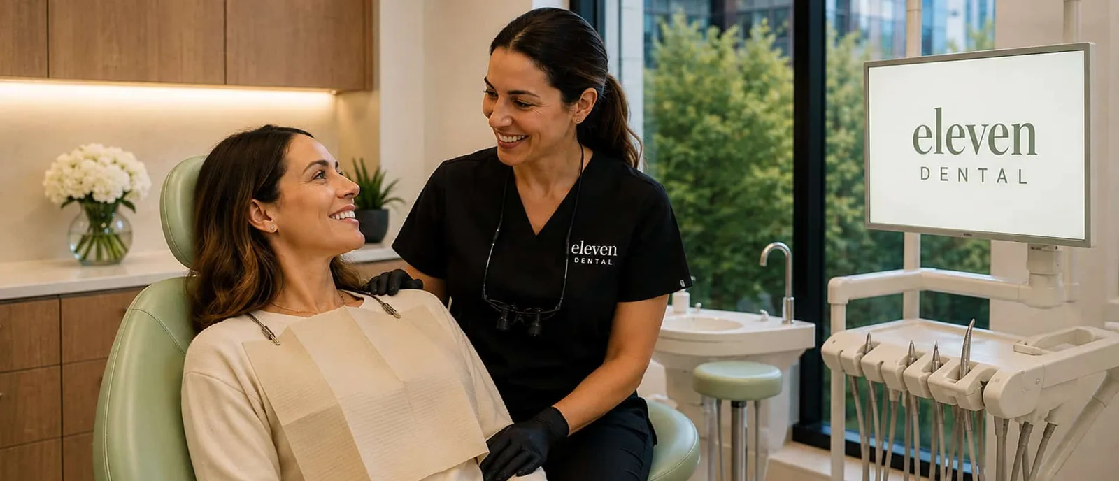 A hygienist with a patient in an Eleven Dental exam room