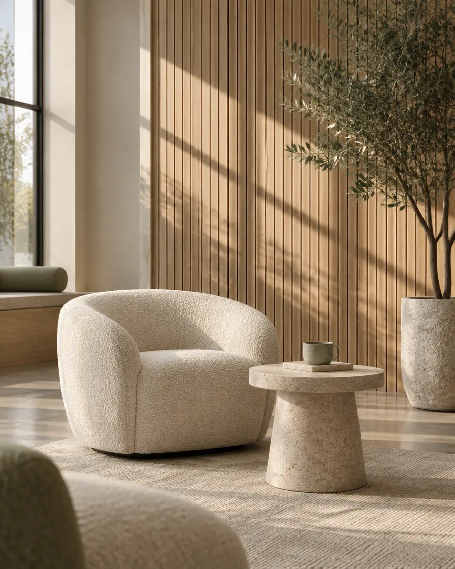 A comfortable waiting area with an armchair and oak walls